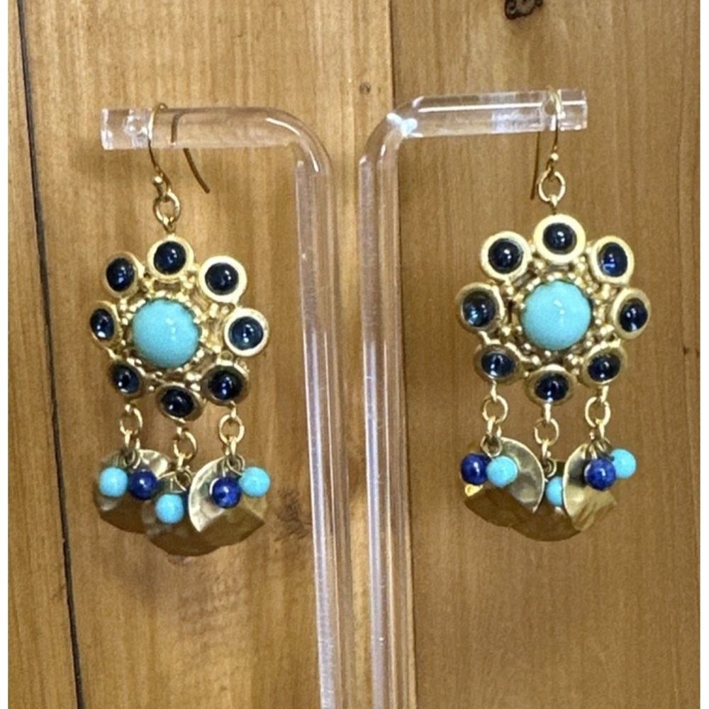 Vtg YOSCA Green Faux Turquoise Blue Stone Earring Beaded Gold Tone Dangle